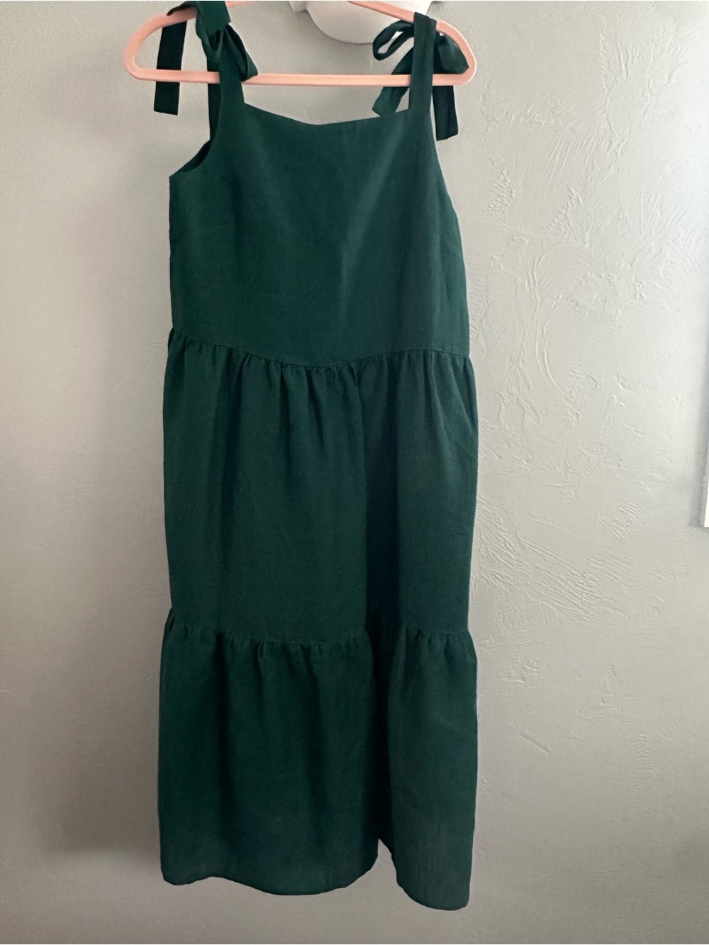 Women’s Linen Pinafore Dress Uma- Dark Green Tiered Maxi Dress with Tie Straps